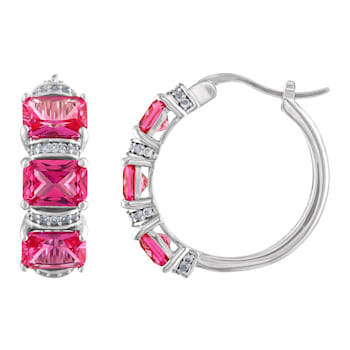 Lab Created Pink Sapphire 3-Stone Leverback Sterling Silver Earrings 6.02ctw