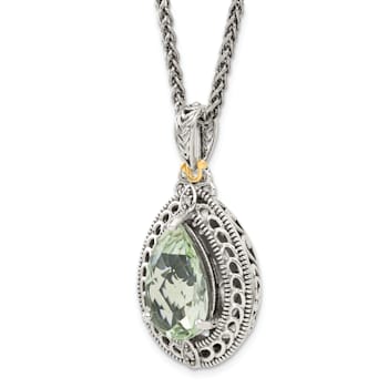 Sterling Silver Antiqued with 14K Accent Diamond and Green Quartz Necklace