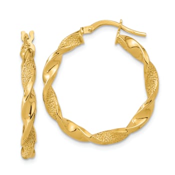 14k Yellow Gold Polished and Textured 1" Twisted Hoop Earrings