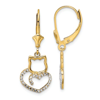 14K Yellow Gold and Rhodium Over 14K Yellow Gold Diamond-Cut Cat Heart
Dangle Earrings