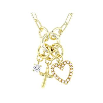 Shell Pearl Heart And Cross Charm Necklace In 18K Gold Over Sterling Silver