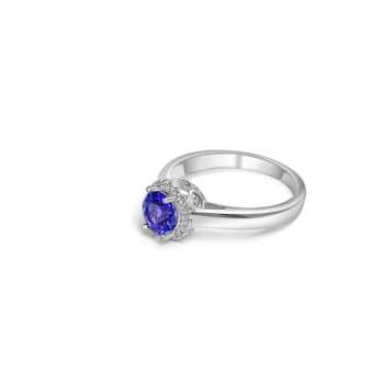 6mm Round Tanzanite and White CZ Rhodium Over Sterling Silver Ring, 0.94ctw