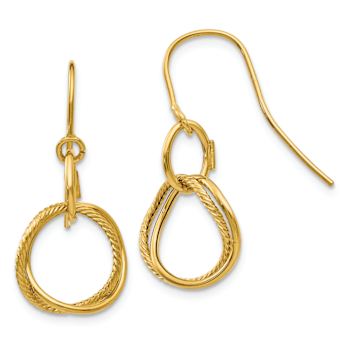 14k Yellow Gold Textured Small Twisted Circle Dangle Earrings
