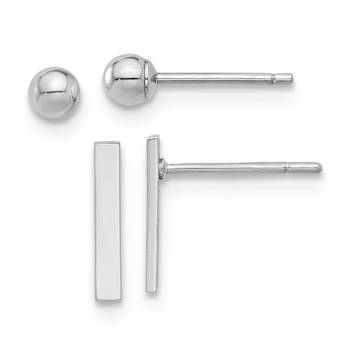 Rhodium Over 14k White Gold Polished 3mm Ball and Bar Earring Set