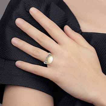 Sterling Silver Antiqued with 14K Accent Floral Oval Mother Of Pearl Ring