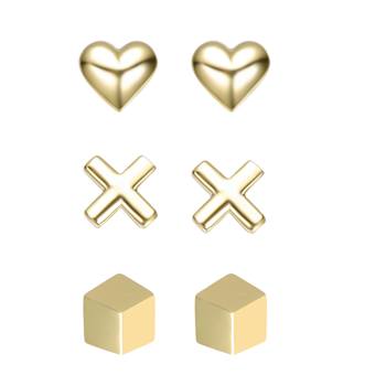 Heart And Cross Three-Piece Stud Earrings Set In 14K Gold Over Sterling Silver