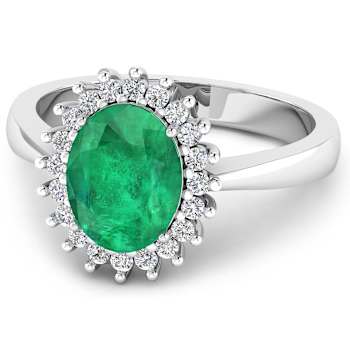 1.19ctw Green Emerald and Diamond 14K White Gold Halo Ring