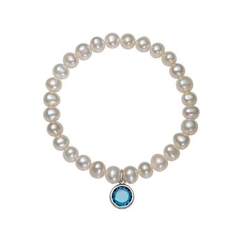 Freshwater Pearl And Blue CZ Charm Stretch Bracelet In Sterling Silver
