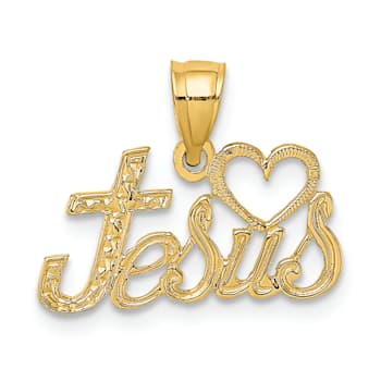 14k Yellow Gold Textured Love Jesus Script Pendant