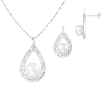 7-11mm Button White Freshwater Pearl and CZ Rhodium Over Sterling
Earring and Pendant W/Chain Set