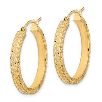14k Yellow Gold Polished, Satin and Diamond-Cut 1 1/16" Fancy Hoop Earrings