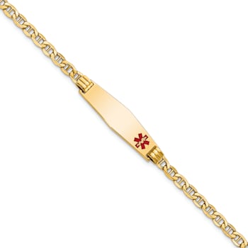 14k Yellow Gold Medical Soft Diamond Shape Red Enamel Mariner Link ID Bracelet