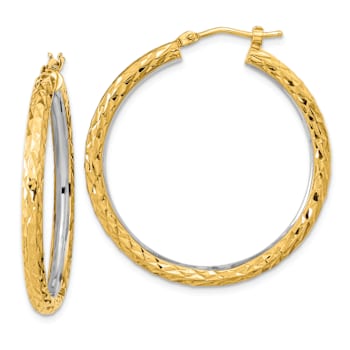 14k Yellow Gold and Rhodium Over 14k Yellow Gold 1 3/8" Polished
Diamond-Cut Circle Hoop Earrings