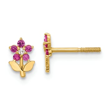 14K Yellow Gold Polished Dark Pink and White Cubic Zirconia Stone Flower
Stud Earrings