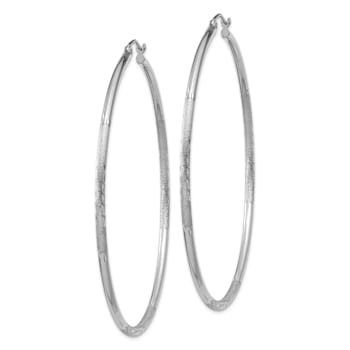 Rhodium Over 14k White Gold Satin and Diamond-Cut 2 3/8" Round Hoop Earrings