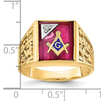10K Yellow Gold Men's Lab Created Ruby and Diamond Lodge Masonic Ring