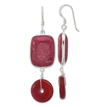 Sterling Silver Polished Carnelian and Red Jadeite Dangle Earrings