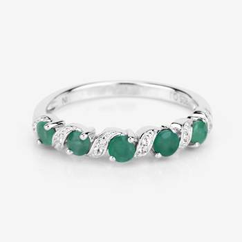 Green Emerald and White Topaz Sterling Silver 5 Stone Band Ring