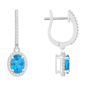 7x5mm Oval Blue Topaz 1/3 ctw Diamond Rhodium Over Sterling Silver Halo
Dangle Earrings
