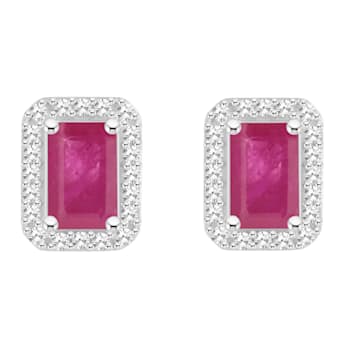 6x4mm Emerald Cut Ruby 1/5 ctw Diamond Rhodium Over Sterling Silver Halo
Stud Earrings