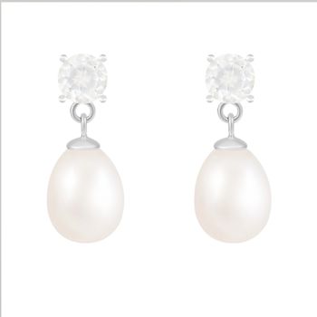 White Freshwater Pearl And White Topaz Drop Earrings In Sterling Silver