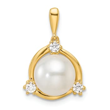 14K Yellow Gold Lab Grown Diamond and Freshwater Cultured Pearl Pendant 0.12ctw