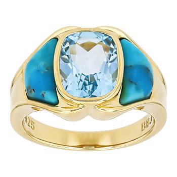 Turquoise And Sky Blue Topaz Ring In 18K Gold Over Sterling Silver 3.00ct