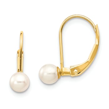 14K Yellow Gold 4-5mm White Round Freshwater Cultured Pearl Leverback Earrings