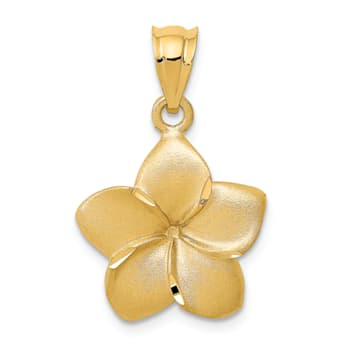 14k Yellow Gold Satin and Diamond-Cut Plumeria Floral Charm Pendant
