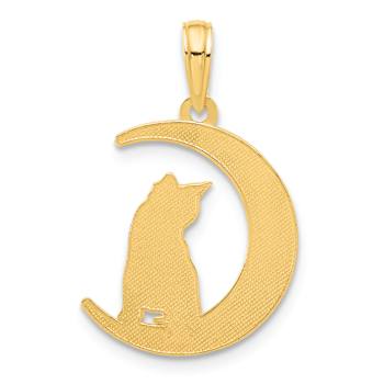 14k Yellow Gold Polished Cat Sitting On Moon Pendant
