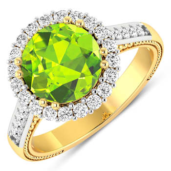 Round Green Peridot and Diamond 14K Yellow Gold Halo Ring 3.14 ctw