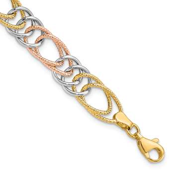 14k tri-color gold 8.5mm Textured 3D Fancy Double Link Bracelet