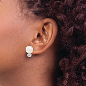 Sterling Silver 10-11mm Freshwater Cultured Button Pearl with White
Topaz Earrings