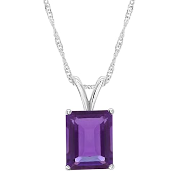 10x8mm Emerald Cut Amethyst Rhodium Over Sterling Silver Pendant With Chain