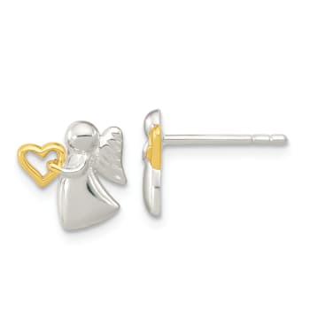 Rhodium Over Sterling Silver Angel With 14K Yellow Gold Over Sterling
Silver Heart Earrings