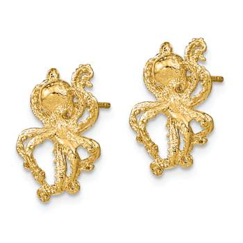 14k Yellow Gold 2D Polished and Textured Octopus Stud Earrings