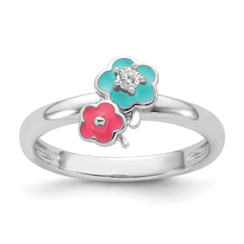 Rhodium Over Sterling Silver Blue and Pink Enameled with Cubic Zirconia
Floral Children's Ring
