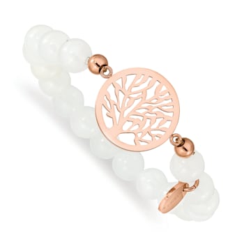 Rose Stainless Steel Polished plated Tree White Jade Stretch Bracelet