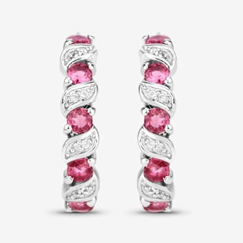 Pink Tourmaline and White Topaz Sterling Silver Hoop Earrings