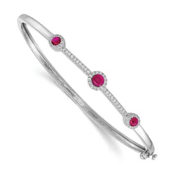 Rhodium Over 14k White Gold Diamond and Cabochon Ruby Bangle