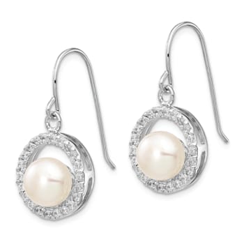 Rhodium Over Sterling Silver 7-8mm White Freshwater Cultured Pearl Cubic
Zirconia Dangle Earrings