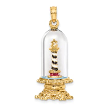 14k Yellow Gold Enameled 3D Lighthouse In Glass Dome Charm