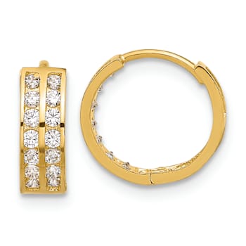 14k Yellow Gold Polished 7/16" Two Row Cubic Zirconia Hinged Hoop Earrings