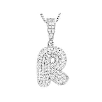 CZ Initial R Bubble Letter Pendant Necklace In Sterling Silver 1.68ctw