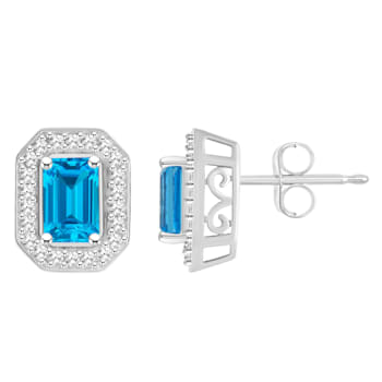 6x4mm Emerald Cut Blue Topaz 1/5 ctw Diamond Rhodium Over Sterling
Silver Halo Stud Earrings