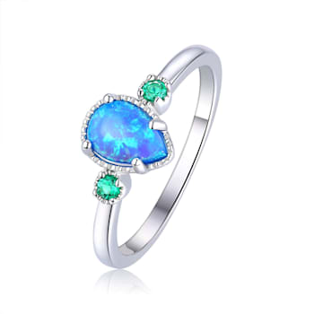 Pear Shape Lab Created Blue Opal and Round Green Nanocrystal Sterling
Silver Opal Ring 3-Stone Ring