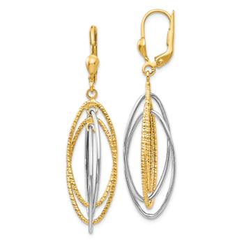 14k Two-tone Textured and Polished Oval Dangle Earrings