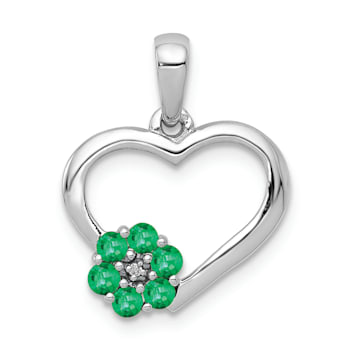 Rhodium Over 14k White Gold Heart and Flower Pendant with Diamond and Emerald