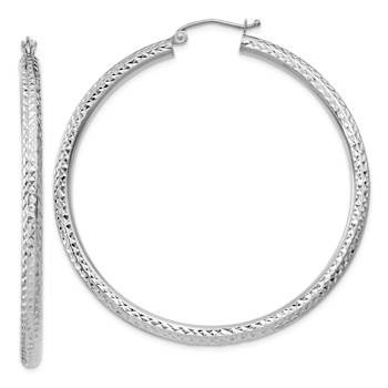 Rhodium Over 14k White Gold Diamond-Cut 1 15/16" Round Hoop Earrings