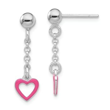 Sterling Silver Pink Enamel Heart Post Dangle Earrings